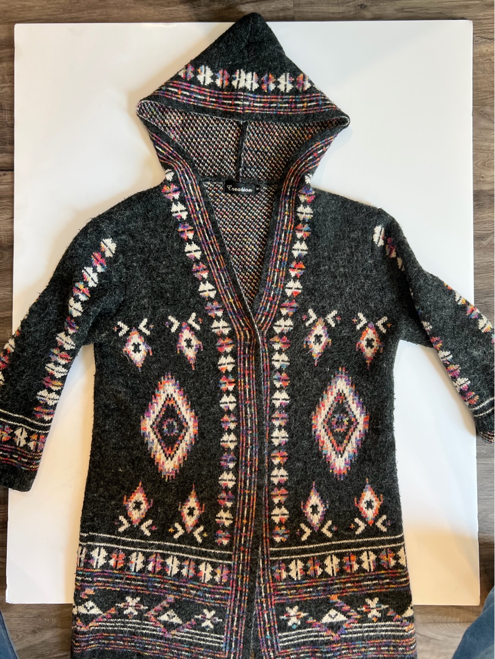 Charcoal Hooded Fair Isle Knit Cardigan with Multicolor Accents